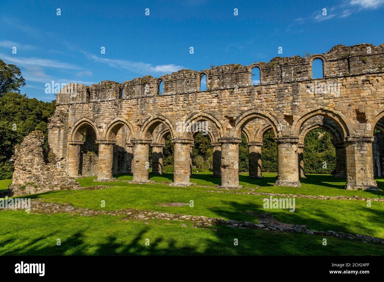 Le rovine di Buildwas Abbey, un monastero cistercense del 12 ° secolo, situato vicino al fiume Severn a Buildwas, Shropshire, Inghilterra. Foto Stock