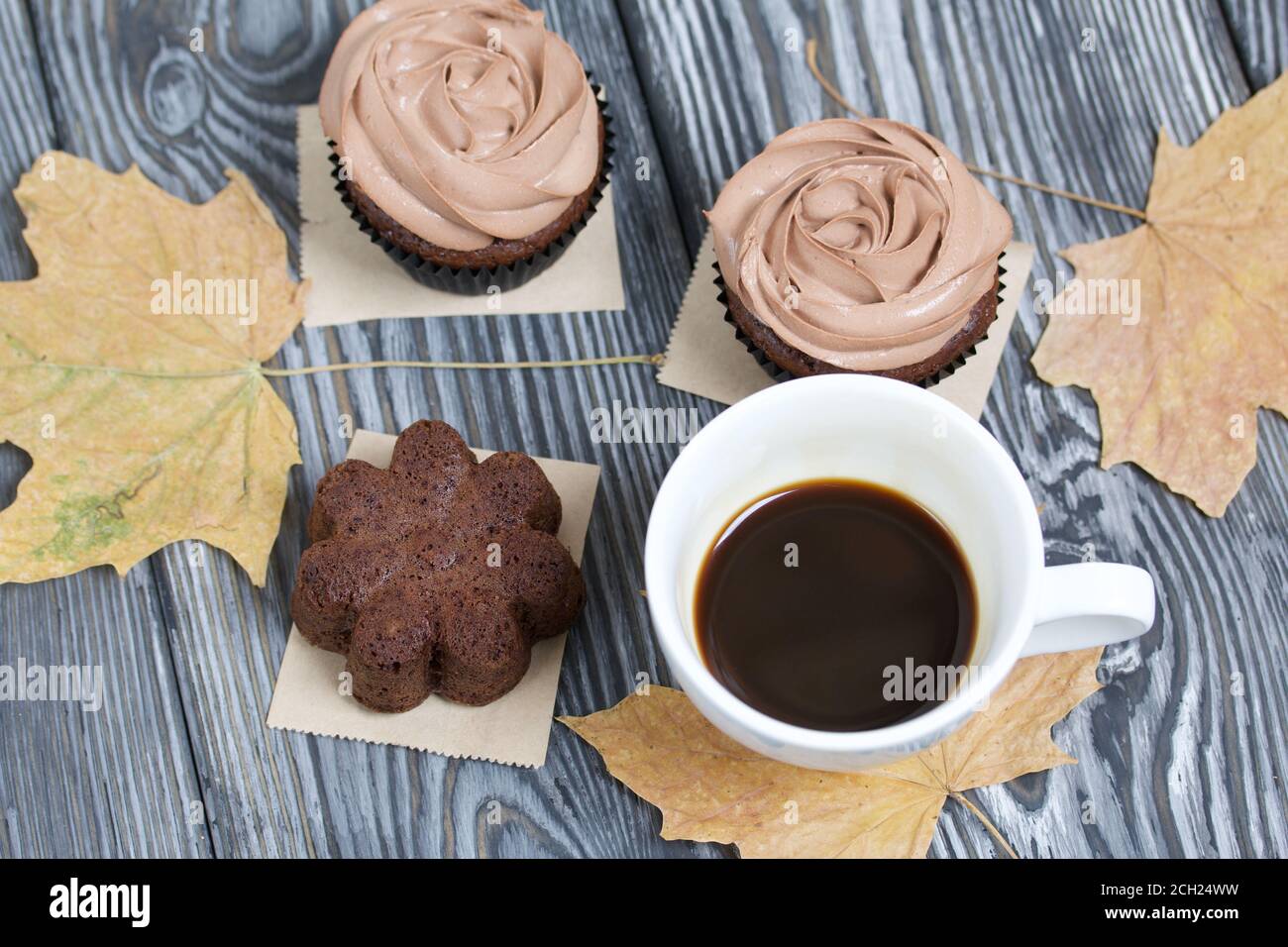 Cupcake al cioccolato con crema di formaggio. Nelle vicinanze si trova una tazza di caffè e foglie di acero essiccate. Su tavole di pino verniciate in bianco e nero. Foto Stock