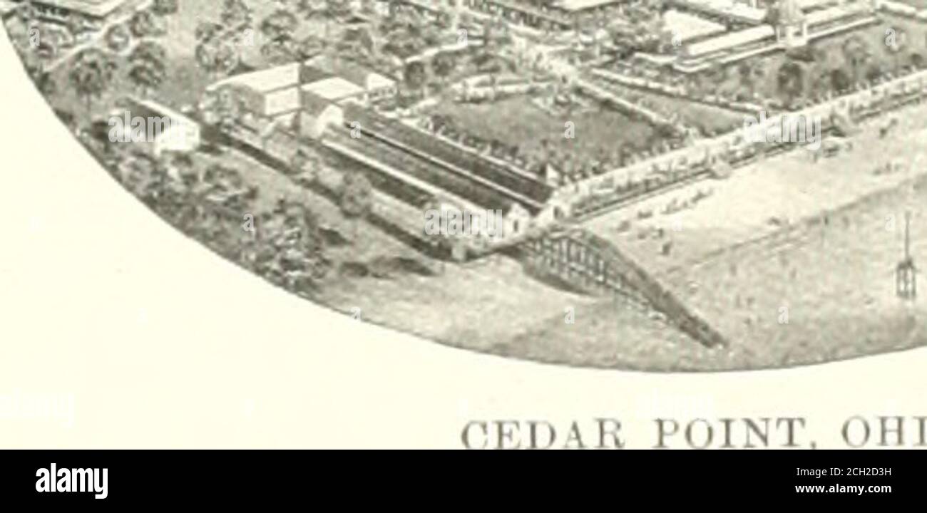 . Il libro del blu reale. Sorpassato da ogni località estiva. Gli hotel sono grandi e completamente attrezzati, il più esteso dei quali è il Breakers, con ogni moderna atmosfera. Copre un'area di sei acri di terreno e circa 71)0stanze esterne, tutte che offrono un'area senza ostacoli della spiaggia balneare e del lago Erie. L'annesso dei Breakers e la Casa Bianca sono due hotel commodiousand ben arredati, in aggiunta ci sono molti cottage accoglienti, che rendono le case estive più attraenti. Cedar Point è facilmente raggiungibile dai punti di accesso sulla Baltimore & Ohio Railroadvia SA Foto Stock