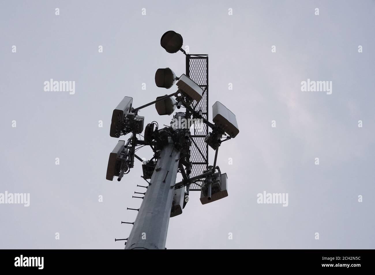Una torre cellulare si trova in alto sopra un campo in ordine per supportare le comunicazioni moderne Foto Stock