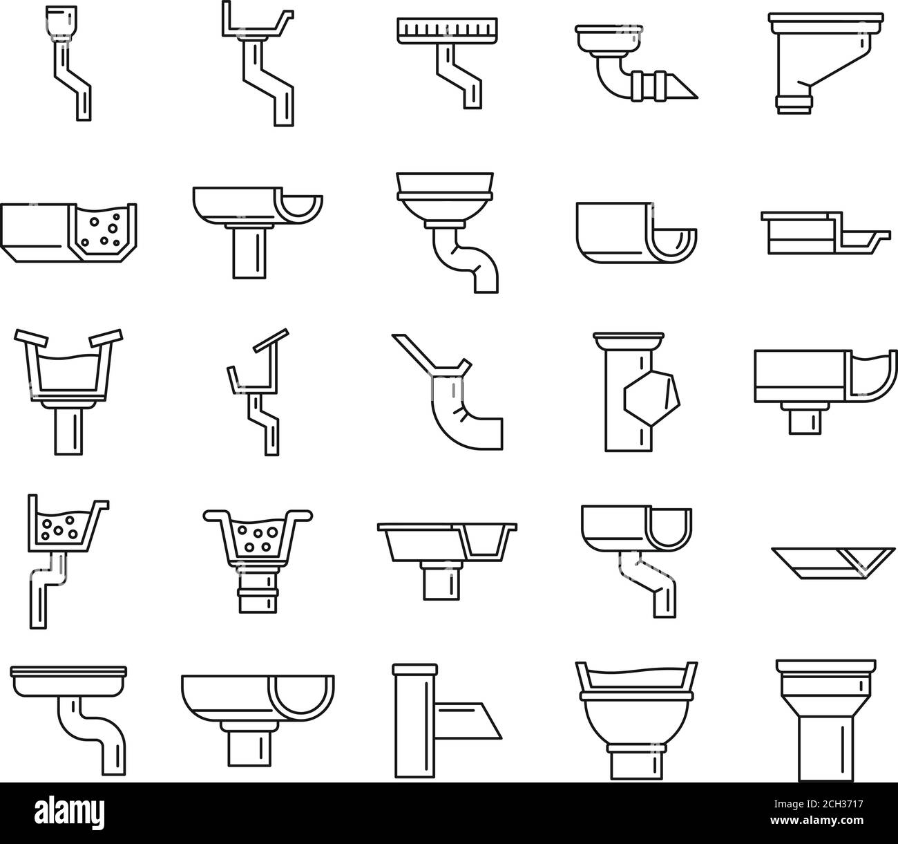 Set di icone di scarico gocciolatoio. Contorno insieme di icone vettoriali di scolo di gronda per il web design isolato su sfondo bianco Illustrazione Vettoriale