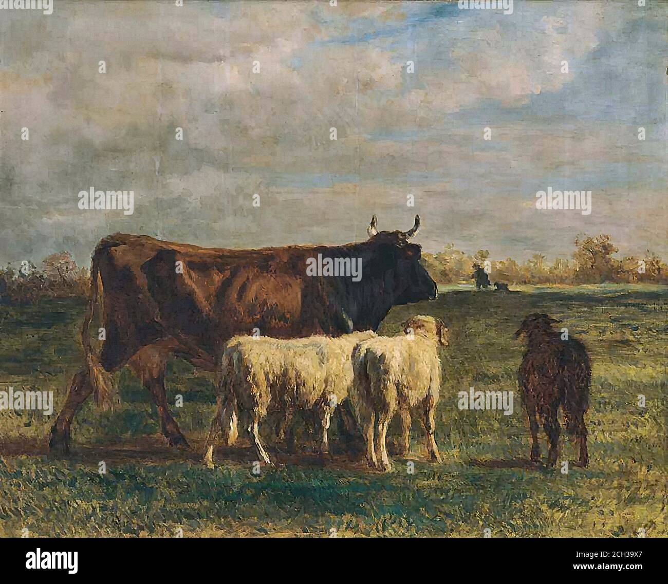 Troyon Constant - une Vache Brune et Deux Moutons en Marché dans un Prairie - Scuola Francese - 19 e Inizio 20 ° secolo Foto Stock