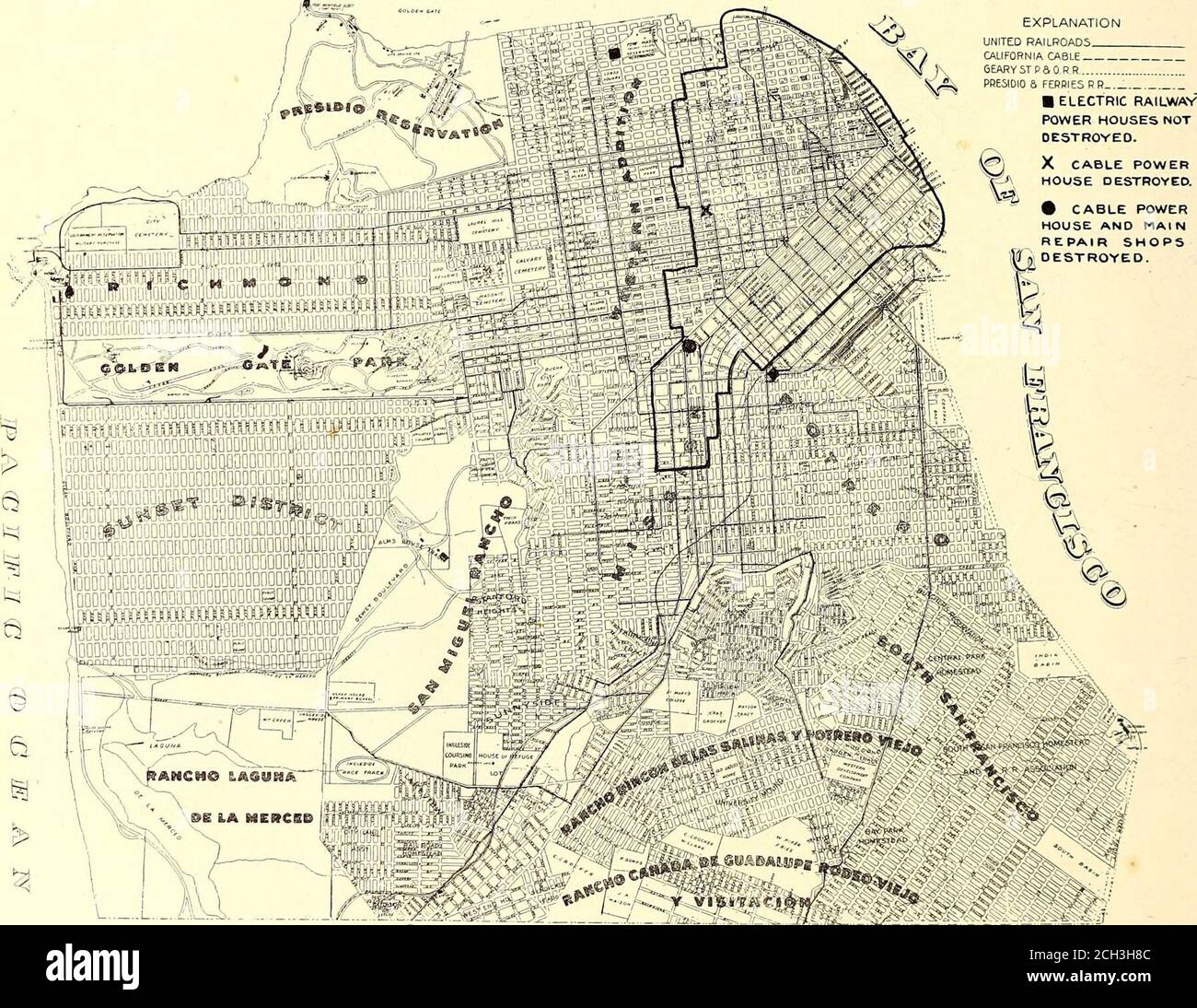 . The Street railway journal . Treet andCanandage Street; sedicesimo Street e Bryant Street toKentucky Street e Twenty-Third Street; Fillmore Street toHaight Street e Stanyan Street; Fillmore Street a SixthAvenue e Calf Street, via. Via Sacramento. Questo givesservice sulle linee attuali del sistema su praticamente tutta la città. E' intenzione di posare dei binari temporanei su Market Street, su ciascun lato dei binari attuali, per rimuovere i detriti. I confini generali rivisti del distrittto bruciato sono i seguenti: Fronte dell'acqua da Brannon Streeton ad est a Jones Street a nord Foto Stock