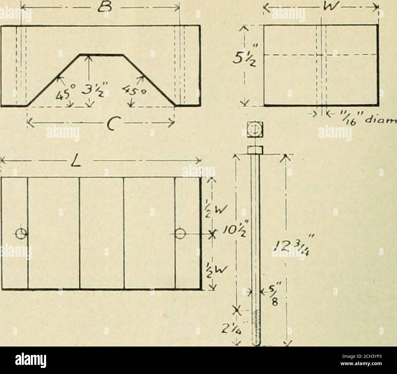 . Ingegnere americano e giornale ferroviario . I. c. 1 A3-f ^a r i i. Misura B C l l l l 11% 10 13 7V. 2 7X y% 10 sys 3 5% SH 8A 4&gt;/8 BLOCCO ALBERO A GOMITI-PIN STANDARD. Due o tre misure si occuperanno di tutte le classi di motori, essendo determinate dalla lunghezza del perno, un gioco di mezzo pollice ammesso. I diametri delle aperture devono essere tali da permettere al collare del perno di manovella di tenere il blocco in posizione.un bullone di dimensione standard serve tutti i blocchi. Grande economia in man-ufacture e in stock trasportato è raggiunto da questi blocchi standard.Cross-head blocchi può essere ridotto a similmente pochi sta Foto Stock