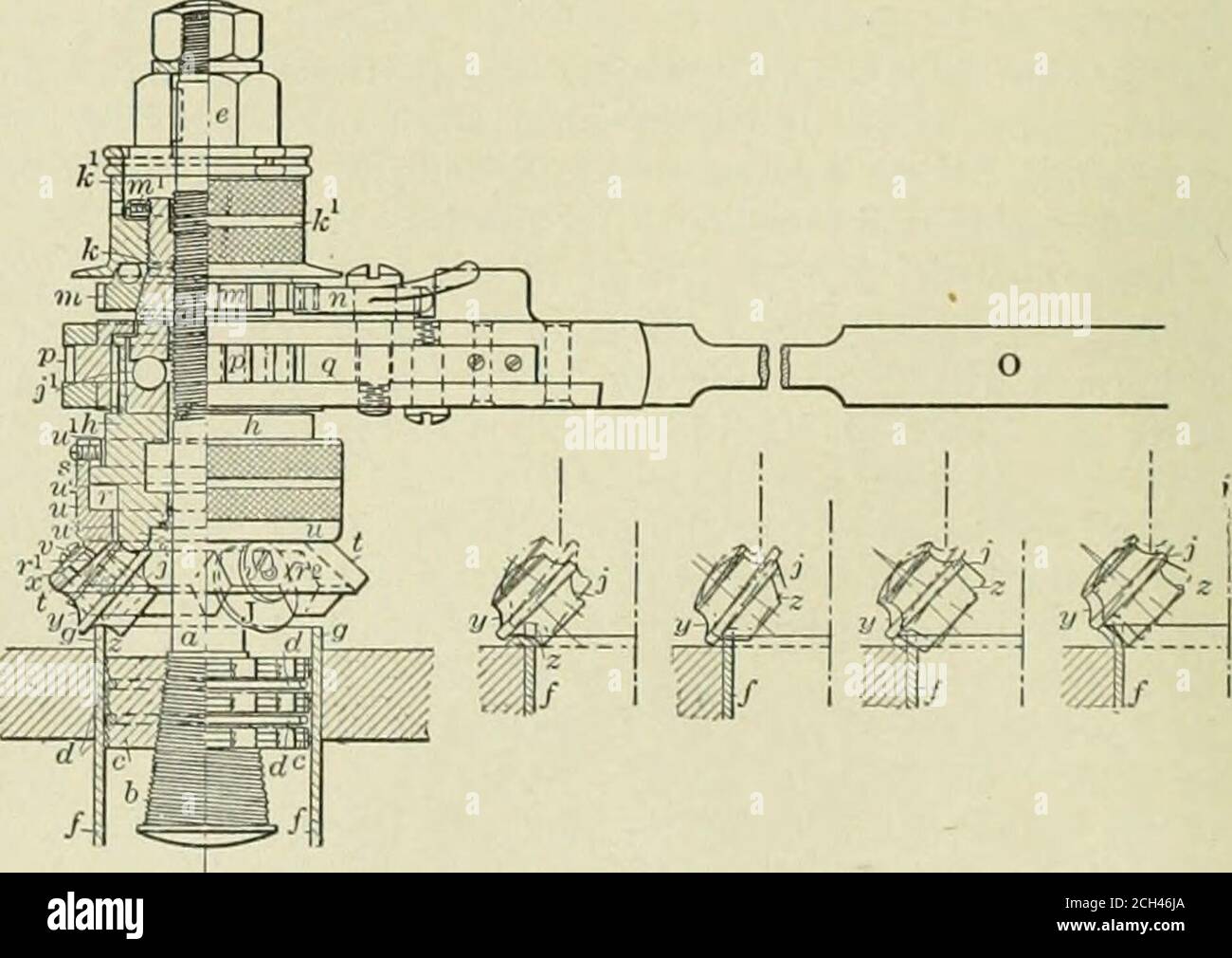 . Il tecnico americano e il perno di banco ferroviario . e rulli attraverso i cuscinetti a sfere. Contemporaneamente, la leva di comando ruota il nottolino principale (p) e quindi illar (h). Tramite il bordo inferiore fi) i rulli sono ruotati per attrito, e lavorano sull'estremità del flusso in modo da abbassarlo come desiderato. Quando la pressione del tenut (k) sull'asta (a) diventa cedente, il cricchetto (m) viene rilasciato svitando leggermente il dado manuale (k), e il tetool può così essere ruotato senza avanzare, oppure può essere ballato a piacere in modo da completare l'operazione. Tale ad-vance è controllata da Foto Stock