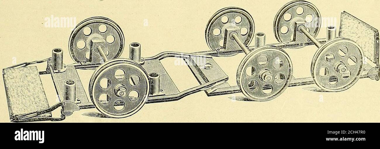 . Gazzetta ferroviaria elettrica . IDANCE della sezione interna delle ruote che sostengono i telai sezionali.i cuscinetti portanti o i mozzi in acciaio sono rigidamente fissati allaassi che offrono il diametro aumentato così tanto desiredin carrelli ad alta velocità per evitare i perni di banco caldi. Le ruote sono sostanzialmente vincolate agli assi dai dadi dell'assale, che sono impediti dallo svitamento da una chiave che passa attraverso l'impianto di Sacramento-Folsom. Il mese di luglio È auto di strada a Sacramento sono state operate per la prima volta da corrente generata a Folsom dalle cascate del fiume Amer-ican, la trasmissione essendo compiuta fino alla soddisfazione di al Foto Stock