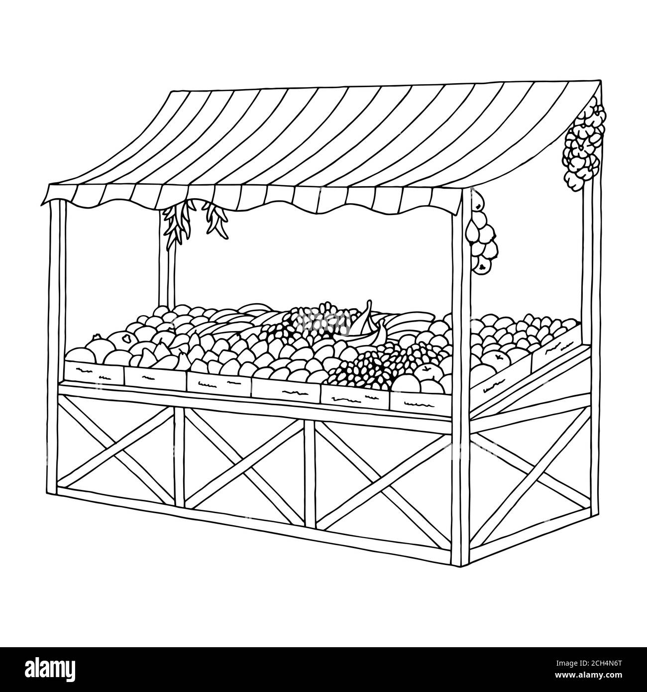 Vettore di illustrazione dello schizzo della vecchia grafica del mercato in bianco nero Illustrazione Vettoriale