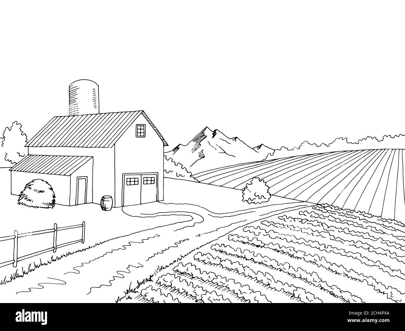 Grafico del campo agricolo grafico dello schizzo in bianco nero Illustrazione Vettoriale