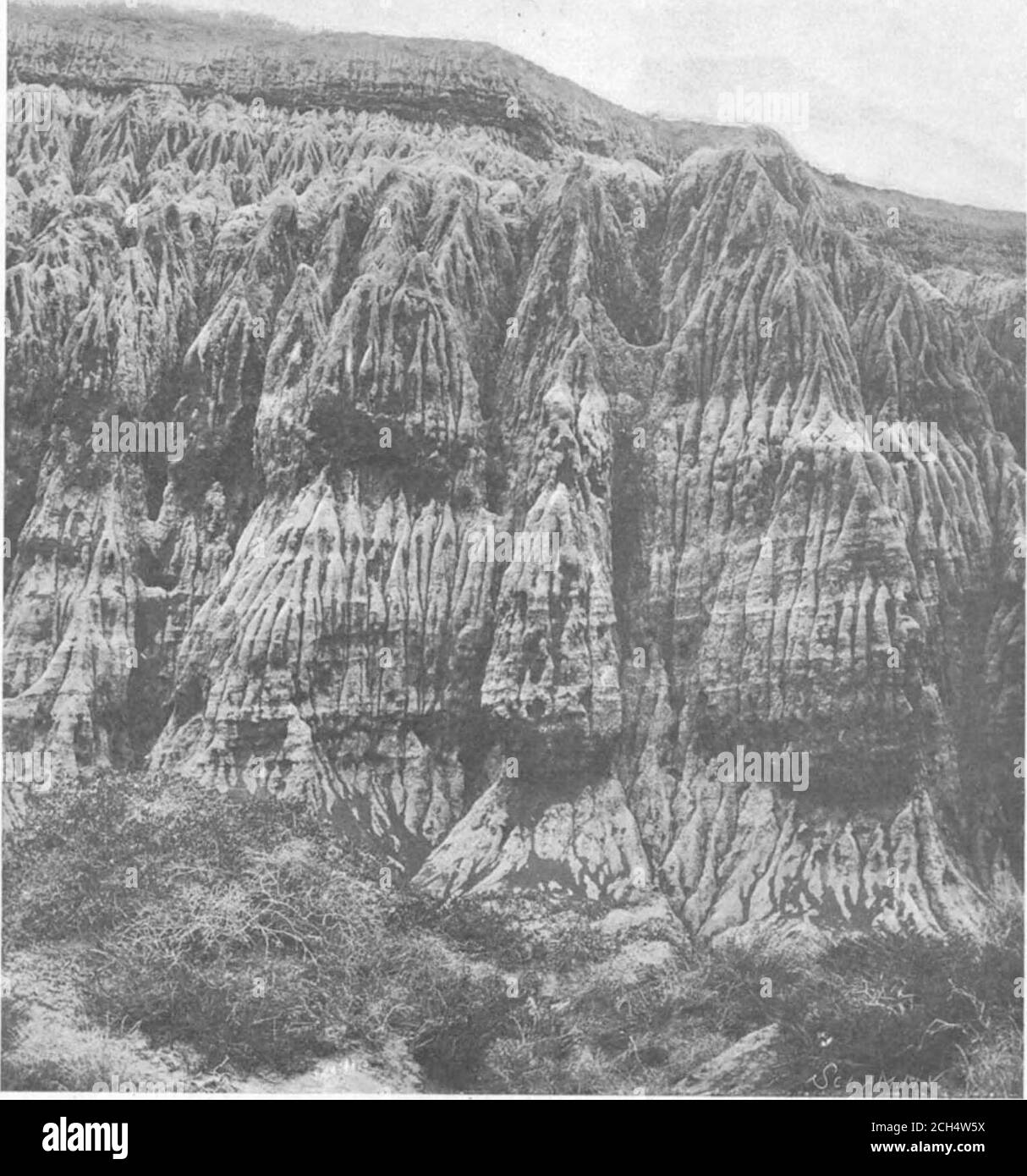 . Volume americano scientifico 85 numero 01 (luglio 1901) . SENTINEL BOCK, PUNTO FIBUAN.. PYBAMIO CLIFF, CALIFOBNIA. Sono una massa di conglomerato formato da ciottoli d'acqua, dalle dimensioni di un uovo ad una testa mans, firmlycemened in una massa solida. C'è ogni evidenza che questa catena montuosa una volta si estendeva più lontano fuori dell'oceano, ma il mare lo ha rovinato giù, leavinguna pseudo battente volante che è sommerso all'alta marea. Questo punto è esposto a mari pesanti e, singolarmente, l'effetto di usura del nodno d'acqua sulla porzione esterna con cui la forza maggiore è stata sfiatata, sul lato interno, con Foto Stock