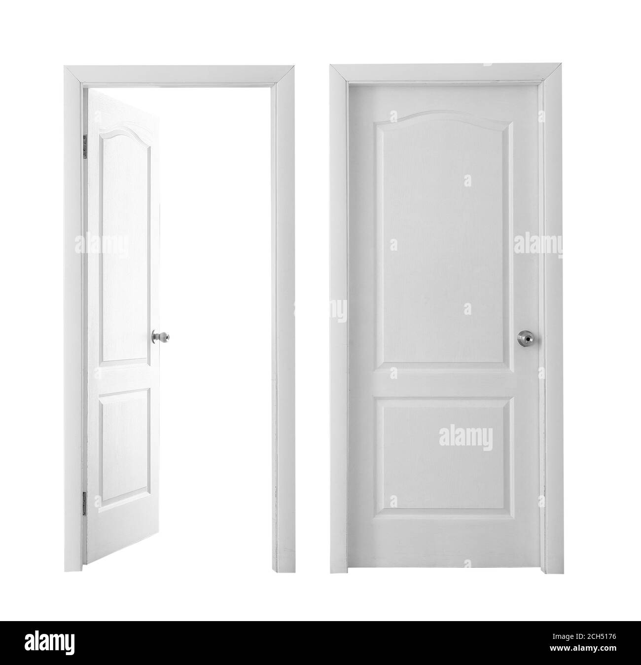 Porte aperte e chiuse isolate in bianco Foto Stock