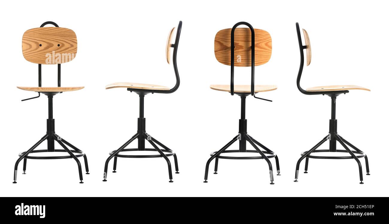 Collage di sedie girevoli in legno su sfondo bianco Foto Stock