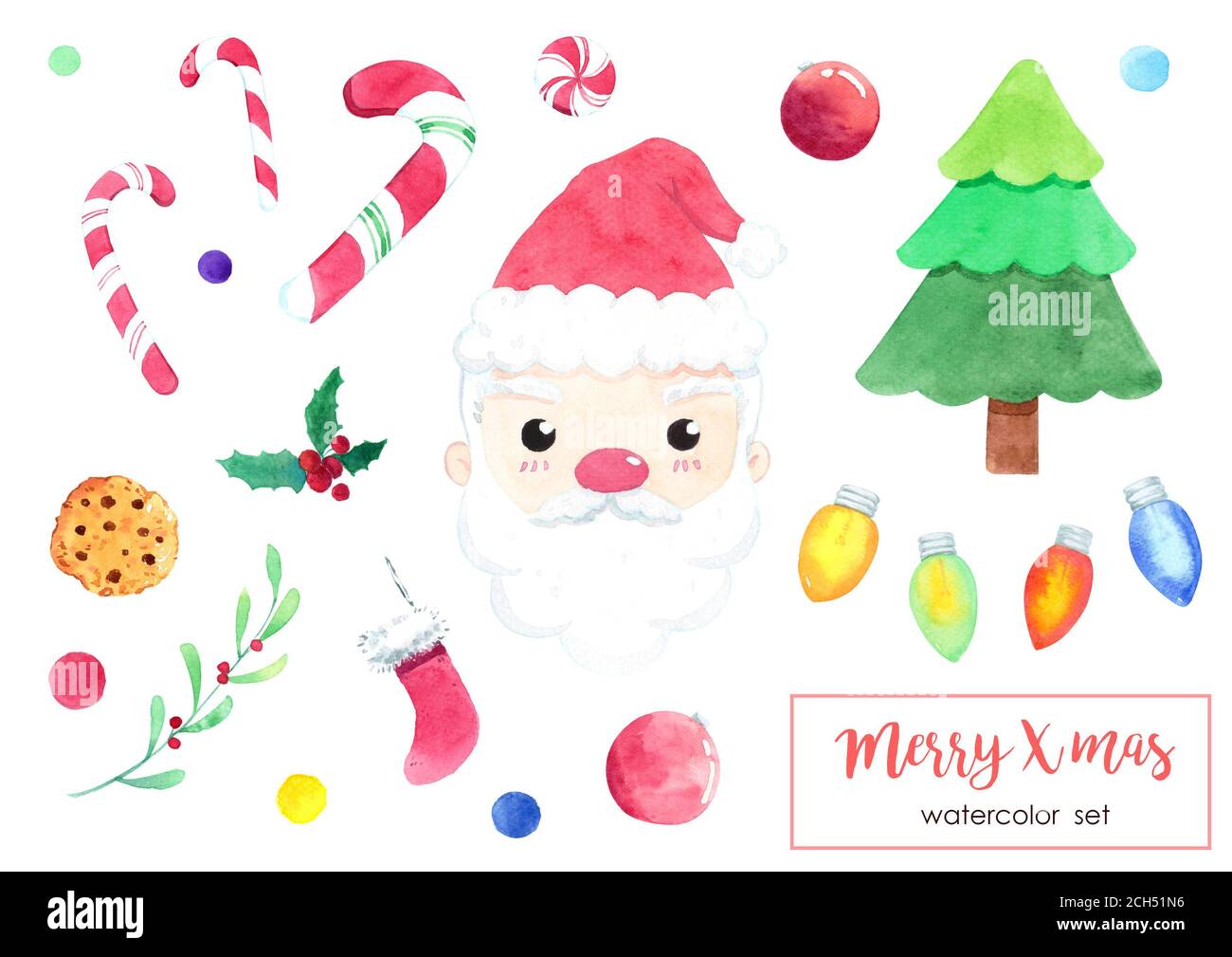 Carino acquerello Natale oggetti insieme: Babbo Natale, Fir albero, palla, dolce, calzino, bacche agrifoglio, icona luci fata. Elementi decorativi xmas isolati su Foto Stock