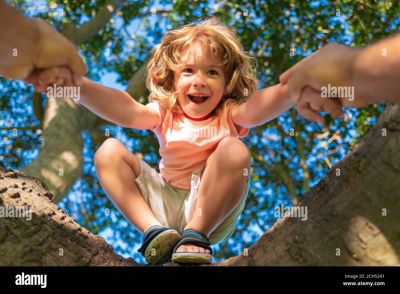 Padre che aiuta il figlio a salire un albero. Ragazzo felice che arrampica un albero durante il periodo estivo. Mano dei padri. Protezione dei bambini. Foto Stock