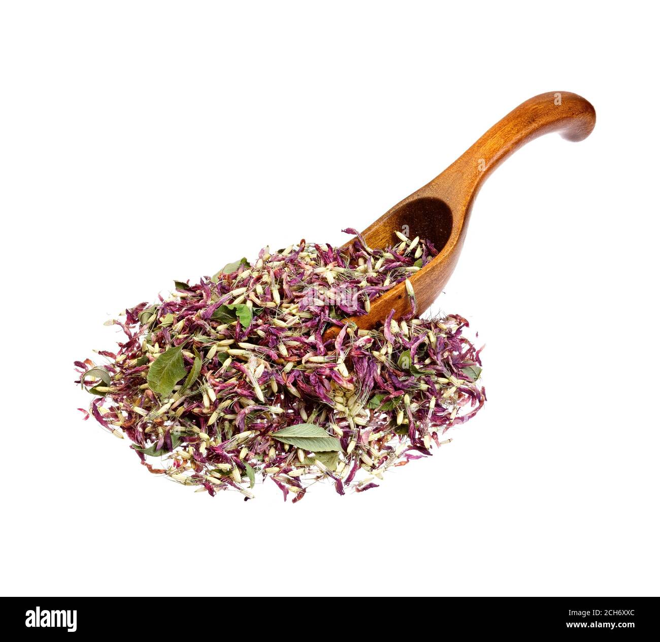 Trifoglio tè sul cucchiaio di legno primo piano. Foto Stock