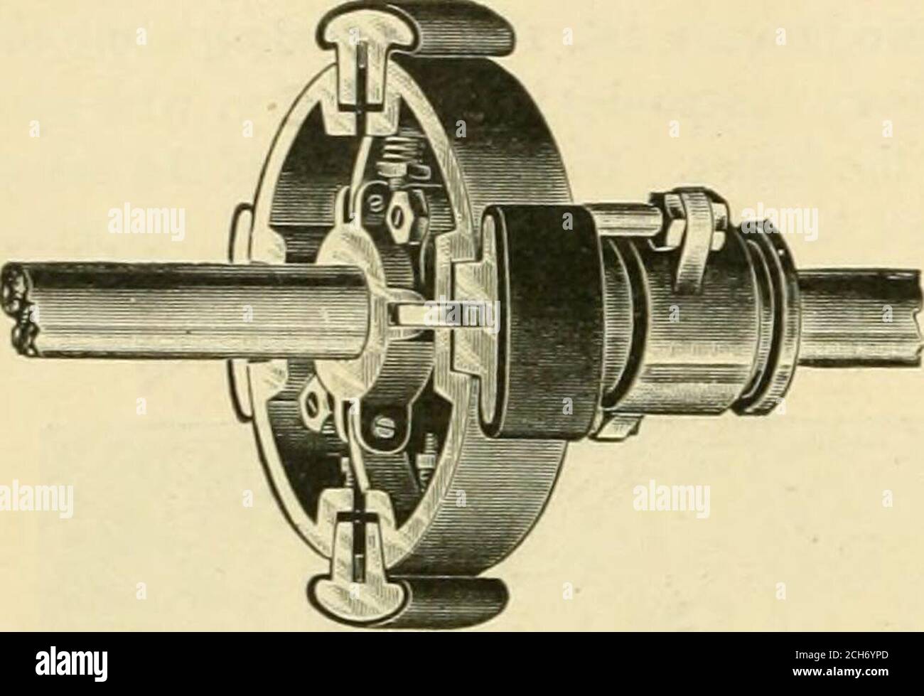 . La rassegna ferroviaria di strada . i Fratelli Montgonier3, di Moline, 111. La frizione è qui mostrata, essendo omessa la puleggia oratrice esterna del bordo di attrito, come non necessario ad una comprensione del suo funzionamento. I blocchi di attrito sono espansibili verso l'esterno contro la superficie interna del bordo di sgocciolamento b^. Mezzi di una leva e mozzo mobile, che quest'ultimo porta le maglie a cui sono fissati i blocchi. Il mozzo è dotato di un movimento sufficiente a consentire lo scorrimento di un po' del baricentro di pressione delle maglie, in modo da bloccare la frizione in modo sicuro quando viene gettata all'interno. Quando gettato fuori, movesstill più lontano oltre il c Foto Stock