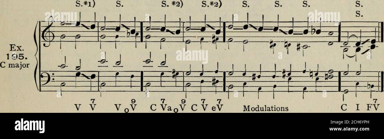 . La teoria e la pratica delle relazioni tonali; un corso elementare di armonia con enfasi sull'elemento di melodia . il, forma della terza melodia, prima che fosse abbellita da sospensioni, era così: pi =F=S m e i=t *3) Sospendi sul 1° e 4° battito di ogni misura. – *4) il punto è una sospensione. Comp.note *6). – *5) in questa melodia possono occasionalmente essere usate sospensioni doppie. – *6) ogni punto deve essere una sospensione, come se la notazione fosse JS ^J dappertutto. – *7) Suspen-sion in alto. – *8) Susp. In tenore. – *9) sospensioni doppie in soprano e alto.B. Costruisci frasi originali, con Suste Foto Stock