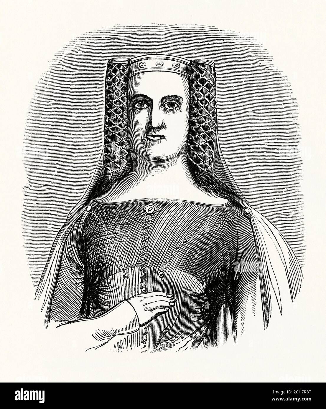 Una vecchia incisione di Philippa di Hainault (1310–1369). Philippa era Regina d'Inghilterra, la moglie del re Edoardo III Si sposarono nel 1328, alcuni mesi dopo l'adesione di Edoardo al trono d'Inghilterra. Ha agito come reggente nel 1346 quando suo marito era via per la guerra dei cent'anni. Phillip influenzò il re Edoardo ad interessarsi all'espansione commerciale della nazione e spesso andò in spedizioni in Scozia e in Francia. Era popolare con il popolo inglese, che ha contribuito a mantenere la pace in Inghilterra durante tutto il loro regno. Foto Stock