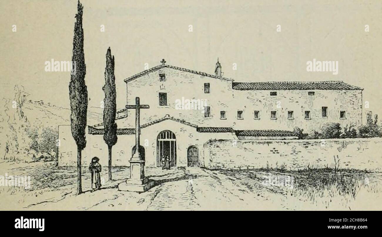 . La casas de religiosos en Cataluña durante el primer tercio del siglo 19 . CONVENTO DE CAPUCHINOS DE CALELLA. 1899 (Fotografía del autor CAPUCHINOS 351 tantos compartimientos cuantos eran lospares de las capillas, y adornadas con ungran luneto en cada lado. Cada lunetocobijaba una ventana abierta ó tapiada,Las bóvedas apoyaban sobre la cornisaque rodeaba toda la navata centrale. Las bóvedasde las capillas presentaban la forma dearista cruzada. Ni por asomo en estostemplos se veía triforium ó tribunas.Todo en ellos estabda construido de mani-postería revocada y blanqueada. A cada en la cara que mira al Foto Stock