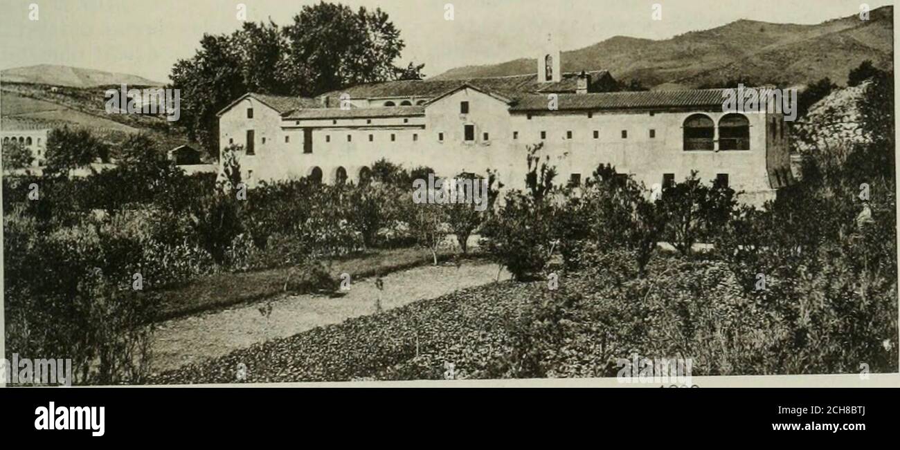 . La casas de religiosos en Cataluña durante el primer tercio del siglo 19 . -£L; ■■ ■ PÓRTICO DE LA IGLESIA DE CAPUCHIMDE BARCELONA, DE 1835 (De una acuarela de D. Joaquín Mosteyrin. CONVENTO DE CAPUCHINOS DE CALELLA. 1899 (Fotografía del autor CAPUCHINOS 351 tantos compartimientos cuantos eran lospares de las capillas, y adornadas con ungran luneto en cada lado. Cada lunetocobijaba una ventana abierta ó tapiada,Las bóvedas apoyaban sobre la cornisaque rodeaba toda la navata centrale. Las bóvedasde las capillas presentaban la forma dearista cruzada. Ni por asomo en estostemplos se veía triforium ó trib Foto Stock