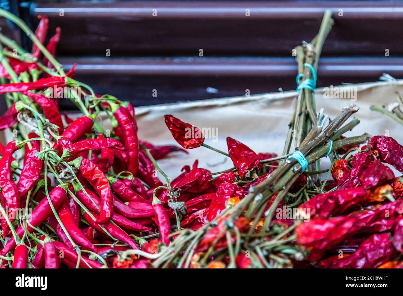 primo piano di peperoncini rossi secchi Foto Stock