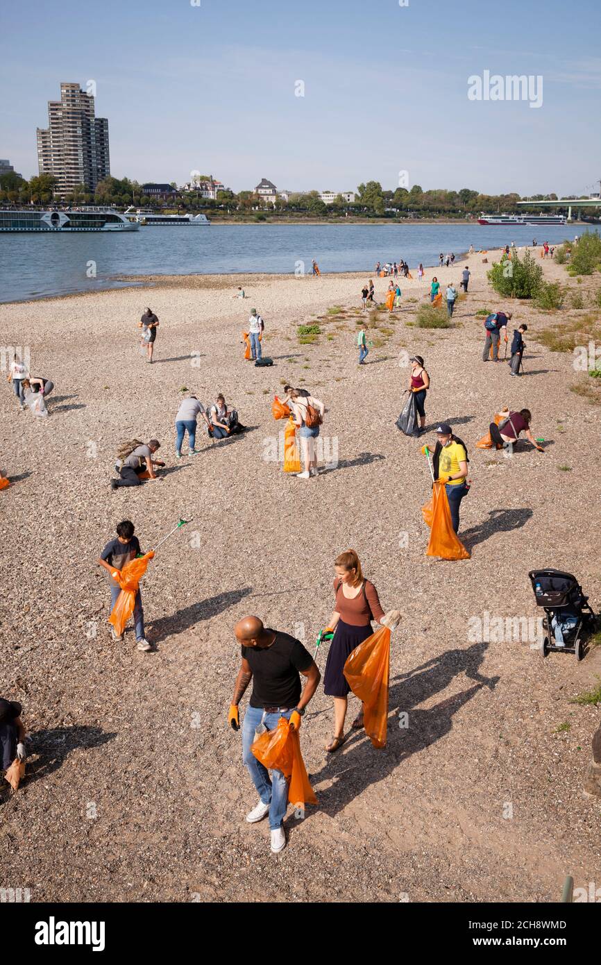Il giorno di pulizia internazionale del Reno, il 12 settembre, 2020 volontari raccolgono i rifiuti lungo le rive del Reno. A Colonia l'associazione K.R.A Foto Stock