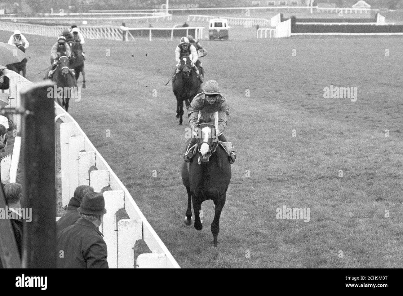 Walter Swinburn su Shergar carica casa per vincere il giornale Guardian Classic Trial a Sandown. Ha vinto per dieci lunghezze dal secondo posto Kirling. Foto Stock