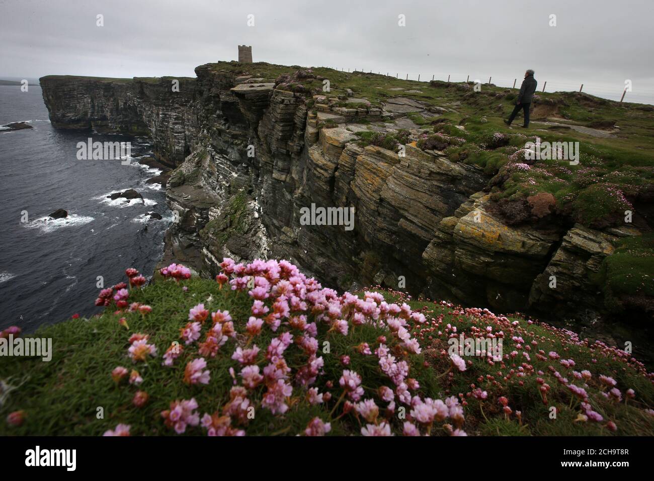 I visitatori camminano lungo le cime delle scogliere alte sopra il mare A Marwick Head in Orkney Foto Stock