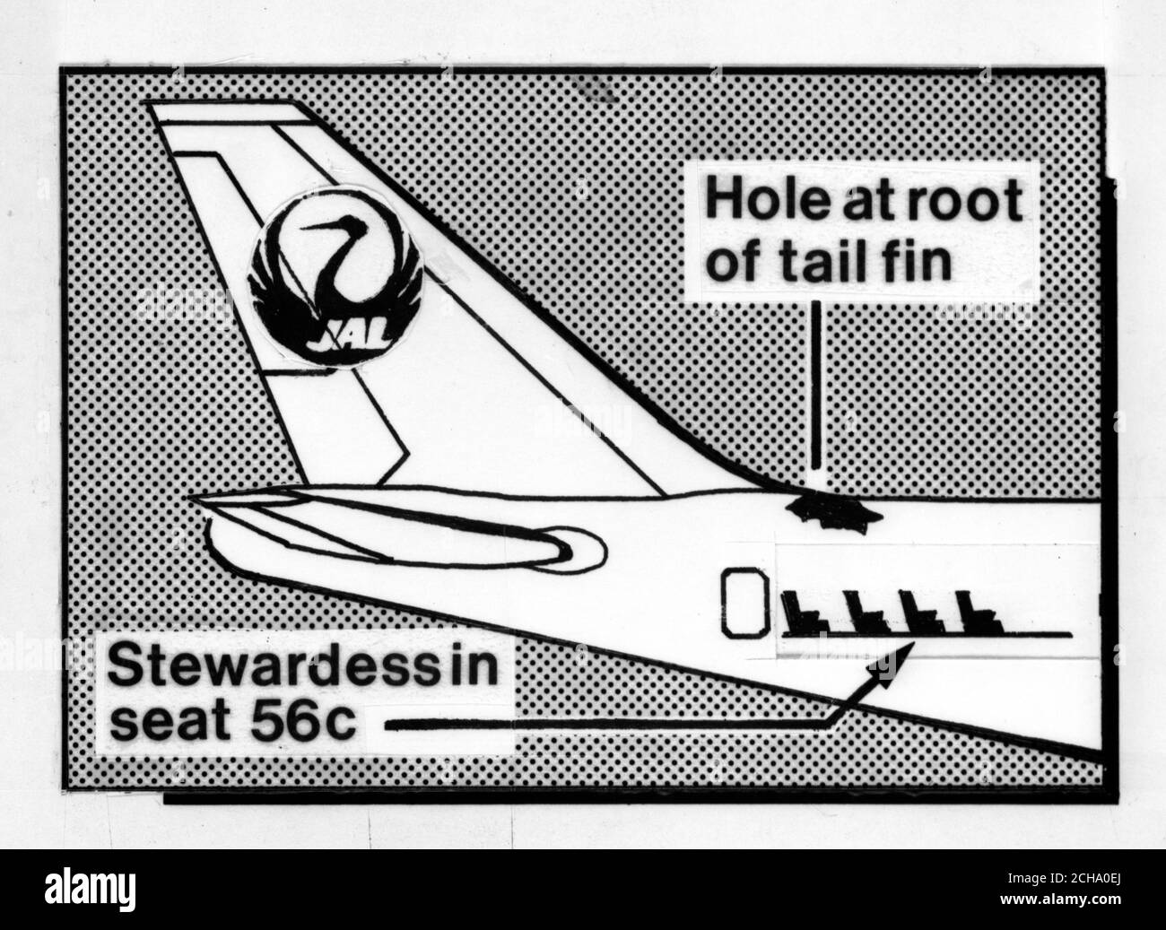 La grafica dell'associazione stampa mostra l'estremità posteriore del jet jumbo di Japan Airlines in crash. Il superstite Yumi Ochiai, una stewardess, era nella sede 56c e dice che poteva vedere il cielo blu attraverso un foro nel soffitto vicino al piede della pinna di coda. Foto Stock