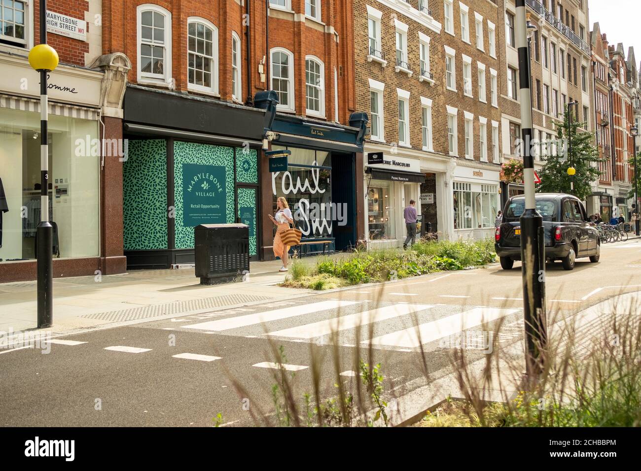 Londra - Settembre 2020: Marylebone High Street / Marylebone Village. Un'attraente area di negozi di alta classe e indipendenti in un'area esclusiva. Foto Stock