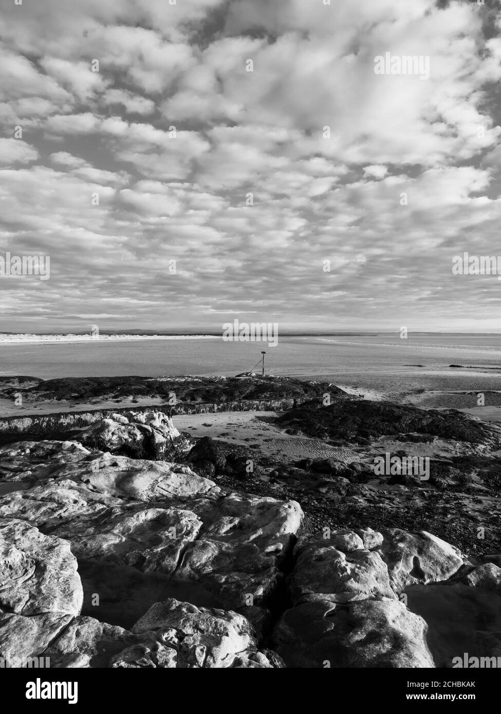 Paesaggio bianco e nero, Alba, West Sands Beach (carri di fuoco), St Andrews, Fife, Scozia, Regno Unito, GB. Foto Stock