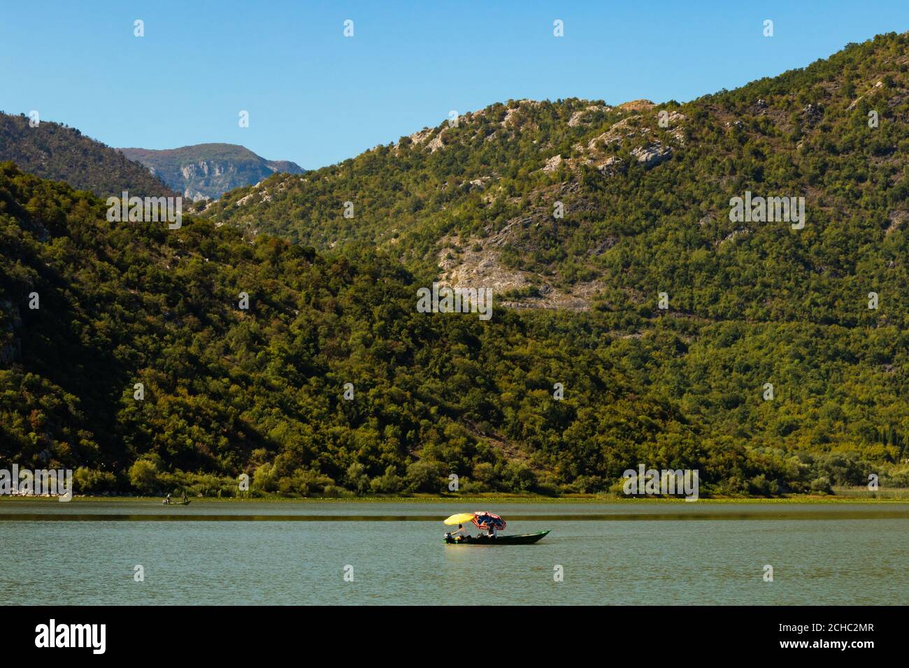 Skadar Lake National Park, ninfee e ninfee in acqua, giorno di sole luminoso e splendidi paesaggi con montagne, gita in barca e in barca, natura Foto Stock