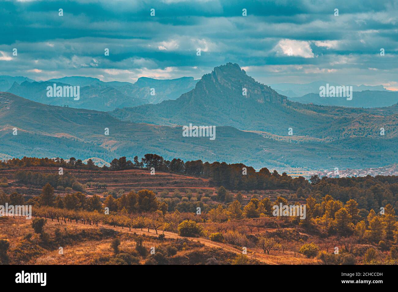 Aziende agricole di fronte alle montagne in Spagna Foto Stock