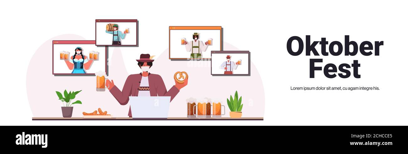 uomo in maschera bere birra discutere con amici di gara mix Durante la videochiamata Oktoberfest festa celebrazione coronavirus quarantena auto isolamento illustrazione vettoriale orizzontale dello spazio di copia Illustrazione Vettoriale