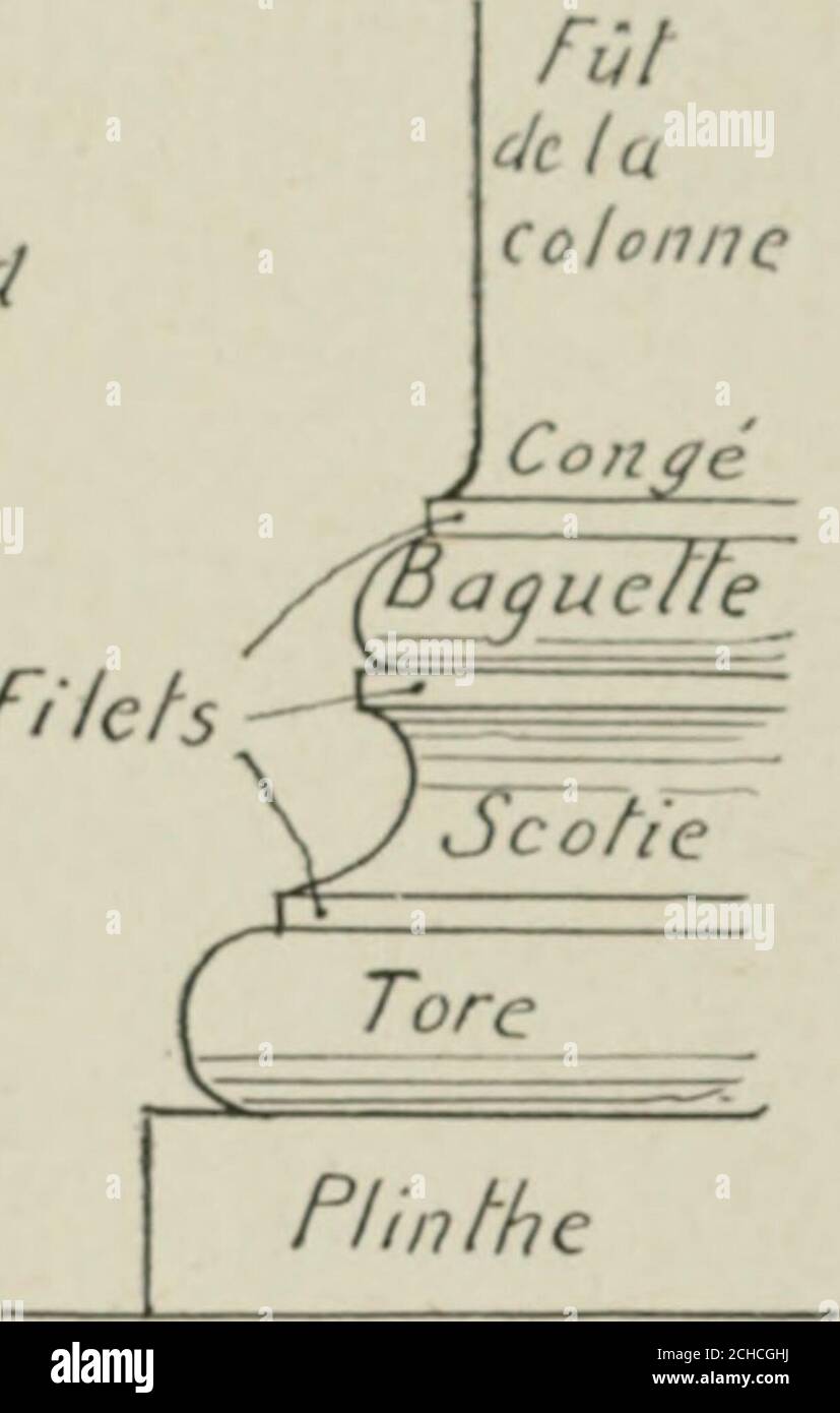 . L'Art ornamental . le profil de la baseattique, celle qui a été le plusBouvenl employée pour les co-lonnes ioniques e1 corinthiennes. Nous non- bornons à iquelques mots sur les mouluresparce que ce sonl plutôt desdétails darchitecture que desornements proprement dits. ( )uparlera plus loin d(&gt;&gt; ornementsqui se mettent sur les mou-l irnicchia corinthienne el base attique. lures . 1 on trouvera une étude complète des moulures dans le 2e cahier A, de dessin géo-étrique, par F. G.-M. (Partie du maître). FR i se 32 a £r.-.v.v;  . Raccordi Foto Stock