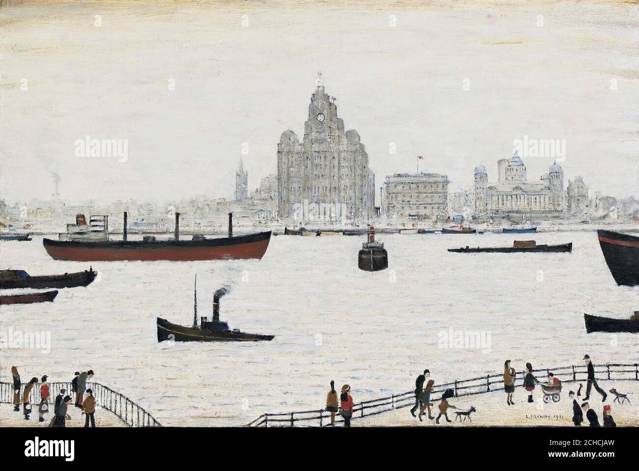 Hanfout picture: 'The Liver Buildings, Liverpool' (1962), di LS Lowry, che è di passare sotto il martello con un prezzo tag fino a Â£500,000. Il capolavoro dimenticato è stato acquistato dal fondatore di Vernon's Pools Vernon Sangster nel 1963 ed è rimasto in famiglia da allora ed è stato visto in pubblico una sola volta, quando è stato esposto alla Walker Art Gallery di Liverpool nel 1973. Ora la famiglia Sangster venderà il dipinto alla vendita artistica britannica del XX secolo di Christie, a Londra, il 9 giugno. Scopri Lowry, LA STORIA DI vendita di PA. PREMERE ASSOCIAZIONE FOTO. Il credito immagine dovrebbe essere: Christie's/PA Foto Stock