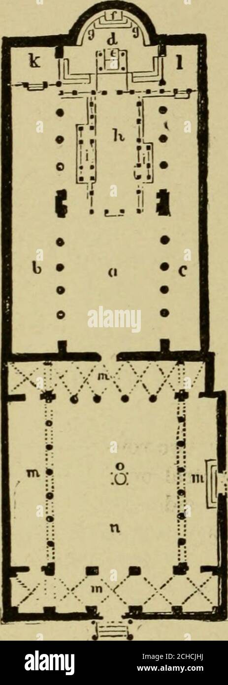 . Semplici passi in architettura e disegno architettonico .. . – l’hich era meno iso-lated che nelle antiche basiliche. La forma tipica della basilica cristiana è la seguente: – 82. L'interno era diviso da due file di colonne in tre navate, di cui quella centrale (una Fig. 78) era più ampia e più alta delle navate laterali (vedi Fig.79) 6 per gli uomini e c per le donne, ed è stata terminata all'estremità opposta all'ingresso dall'abside. I Tecolumi erano talvolta sormontati dai vecchi archi-trave, il peso essendo sostenuto da archi di rilievo piani; ma erano generalmente collegati da archi semicircolari Foto Stock