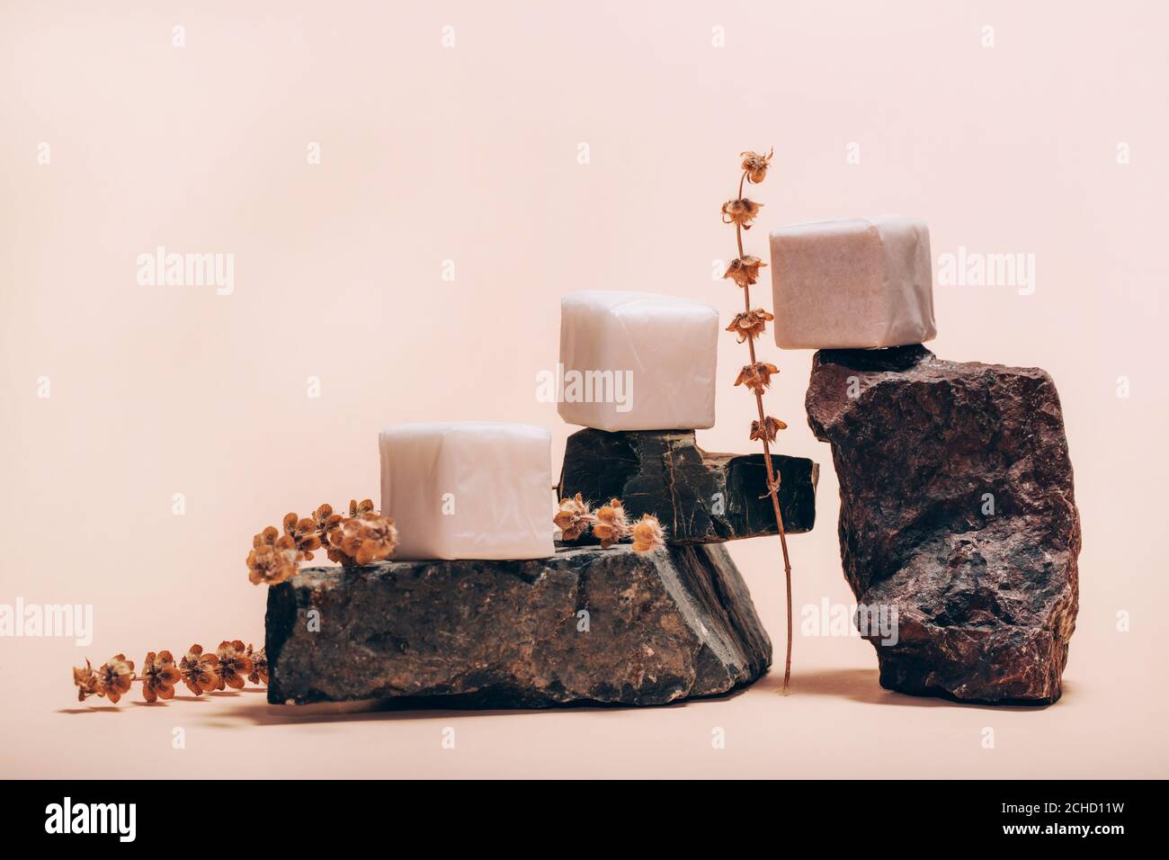 Diversi tipi di saponette in confezioni di carta. Stile trendy. Saponette organiche su basi in pietra con erbe secche su sfondo rosa. Concetto di pulizia e spa. Forme geometriche. Foto Stock
