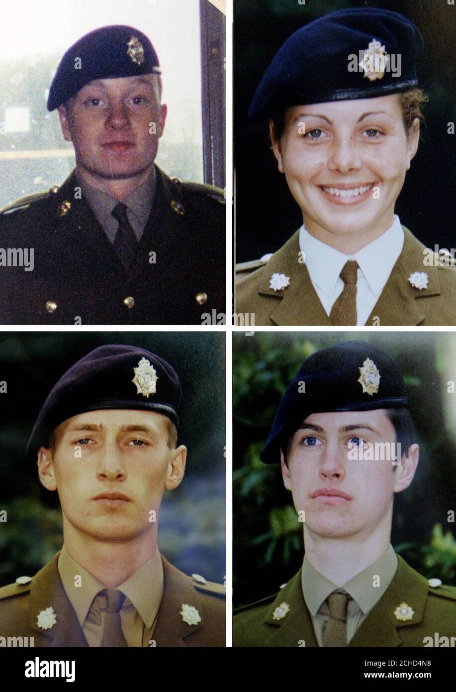 File picture of (Top L-R) Private James Collinson, 17 from Perth, Private Cheryl James, 18, from Llangollen, North Wales, Private Sean Benton from Hastings, East Sussex, and Private Geoff Grey from Seaham, Durham, che tutti sono morti alle caserme dell'esercito Deepcut in Surrey. Foto Stock