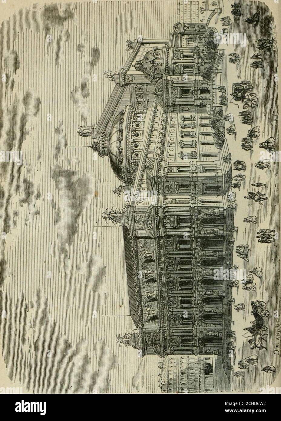 . Les merveilles du nouveau Paris-- . épicéesdun drame à effet, ou mirer les trucs etles décors de la féerie à la mode. On compte environ trente théâtres véritablement di-gnes de ce nom : nous ne mentionnerons que les princi-paux. Le Grand-Opéra ou Académie impériale de musique estsitué rue Lepeletier; son extérieur est mesquin, mais nullescène du monde ne saurait rivaliser avec la sienne. CEST àMazarin quil faut attribuer la fondation de lOpéra, il futétabli en 1645, dans la rue du Petit-Bourbon. Il prit le nom dAcadémie royale de musique, lors de satranslation rue Mazarine, sous la directti Foto Stock