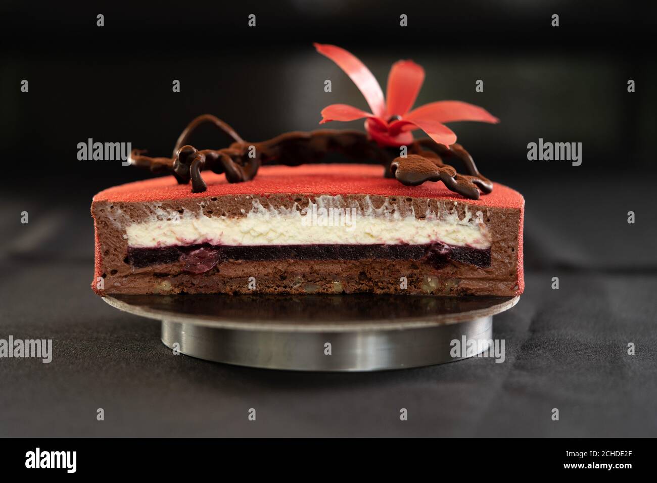 Metà o fetta di torta di compleanno rossa con fiore di cioccolato isolato su sfondo nero. Torta della foresta nera. Spazio di copia. Primo piano. Foto di alta qualità Foto Stock