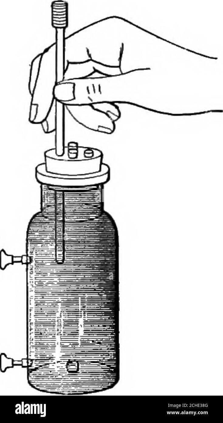 . Scienza fisica elementare induttiva con apparecchi economici e senza attrezzature da laboratorio . £xp. 26. Nota. Quando le condizioni sono favorevoli, una variazione veritiera di Exp. 26 può essere realizzato combinandolo con Aux. 4, utilizzando un numero variabile di tubi a getto, e variando l'altezza dell'apparecchiatura. ESPERIMENTI SULL'ACQUA. 27. Scad. 27. Riempire l'apparecchio con acqua, inserire saldamente il tappo con un foro aperto e misurare la parte del tappo sopra il vetro.spingere con cautela l'asta del pistone o lo stantuffo attraverso il foro aperto fino al fondo e misurare nuovamente.le misurazioni devono essere eseguite con cura. Poll Foto Stock