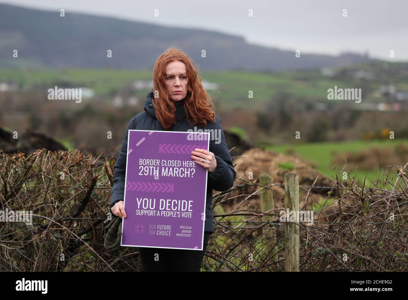 Una donna che tiene un poster che propugnano un voto popolare durante un anti-Brexit al rally di frontiera irlandese vicino Carrickcarnan, Co Louth. Foto Stock