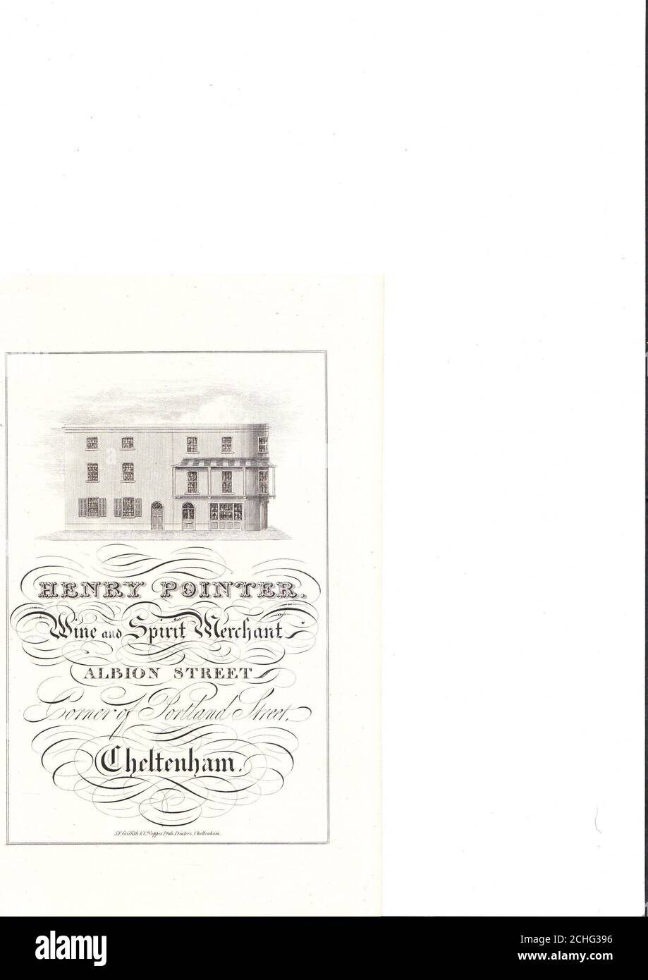19th Century Trade Advert c1826 per Henry Pointer, Wine & Spirit Merchant, Cheltenham, UK - con incisione dei suoi primi locali del diciannovesimo secolo Foto Stock