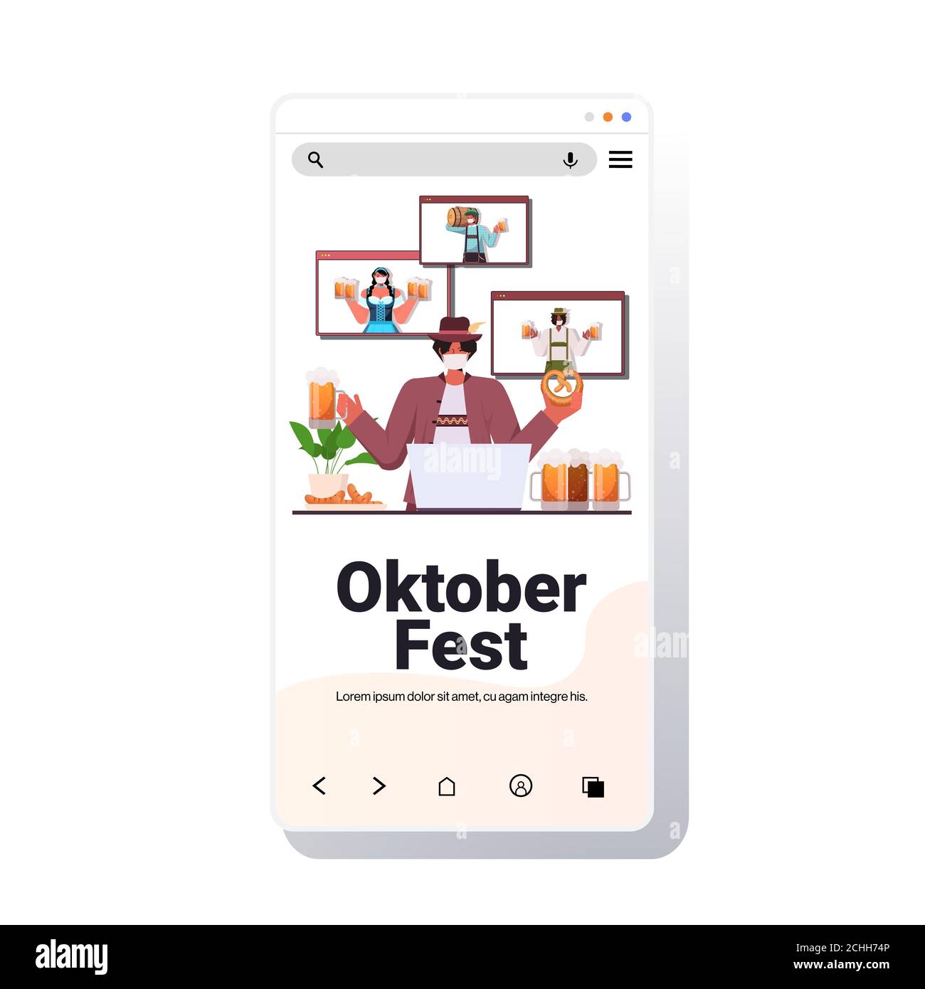 uomo in maschera bere birra discutere con amici di gara mix Durante la videochiamata Oktoberfest festa celebrazione coronavirus quarantena auto isolamento immagine vettoriale dello schermo dello smartphone Illustrazione Vettoriale