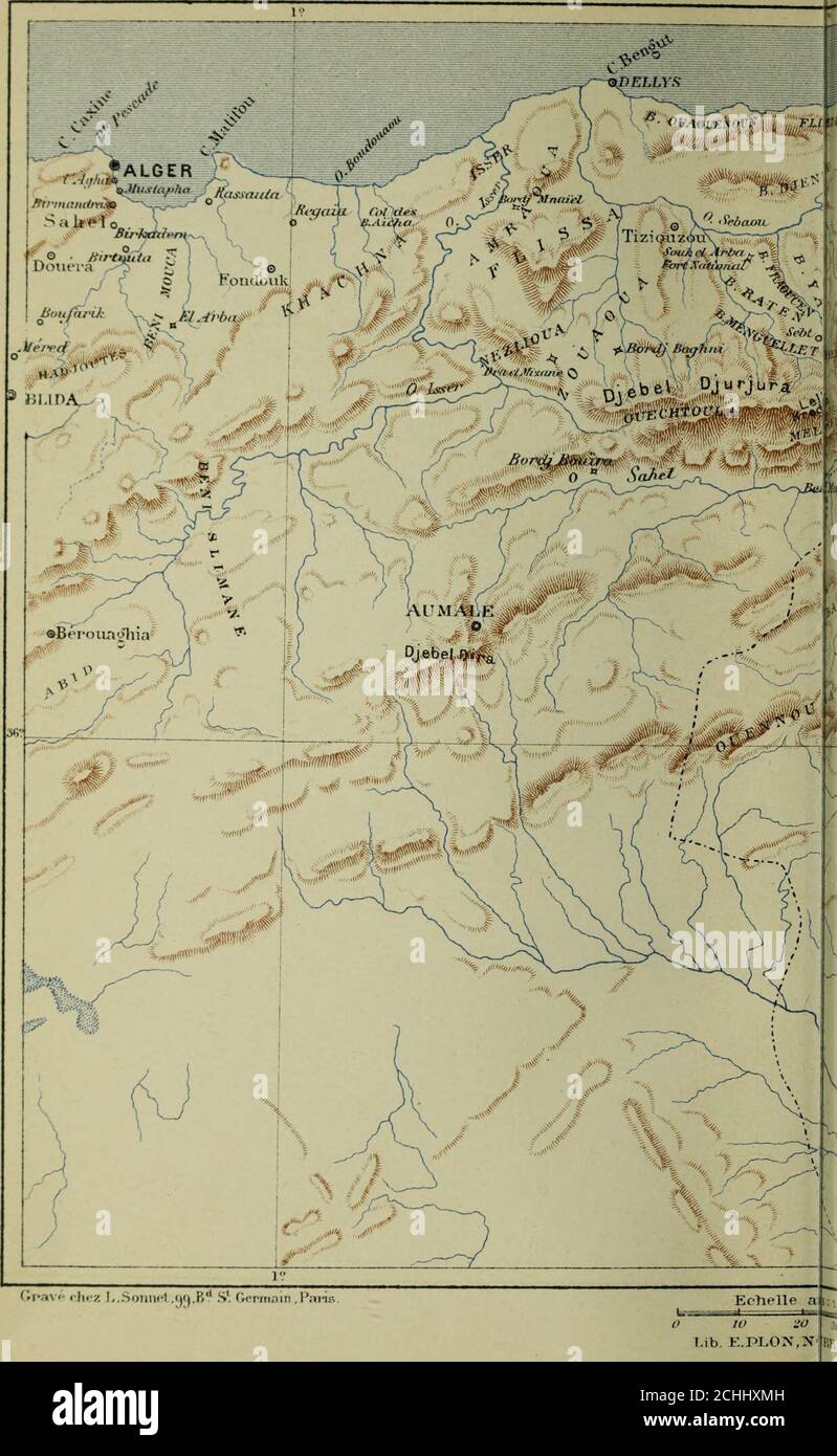 . La conquête de l'Algérie, 1841-1857 . 1.100.000 30 M 50 kil. IT et C^Edit. Taguine Paris   Imp. I>uft>ênay. La conquête de Lai oerie GRANDE. •;.< chez !,..S.))in<-t ,i)|.B1 S Germain, 1 10 -o Mb. E.PLOCN PI. IV. Foto Stock