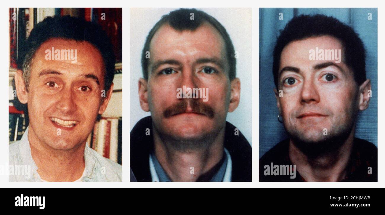 IMMAGINI COMPOSITE DI FILE NON DATATE DI TRE DEI CINQUE UOMINI ASSASSINATI A LONDRA DA UN SERIAL KILLER CHE PREDICA SUGLI OMOSESSUALI. L-R - DIRETTORE DEL TEATRO - PETER WALKER - CUSTODE - ANDREW COLLIER E BIBLIOTECARIO - CHRISTOPHER DUNN Foto Stock