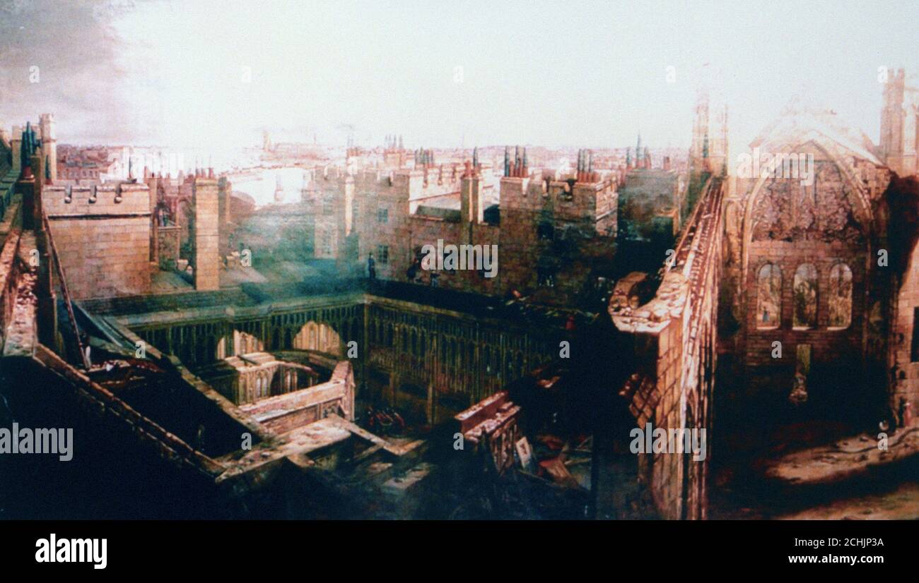 Un dipinto 'inestimabile' del vecchio Palazzo di Westminster dopo essere stato distrutto da un incendio nel 1834. Il dipinto è stato scoperto in un negozio di antiquariato sudafricano dopo essere scomparso nel 1860. *solo Pic Desk Foto Stock