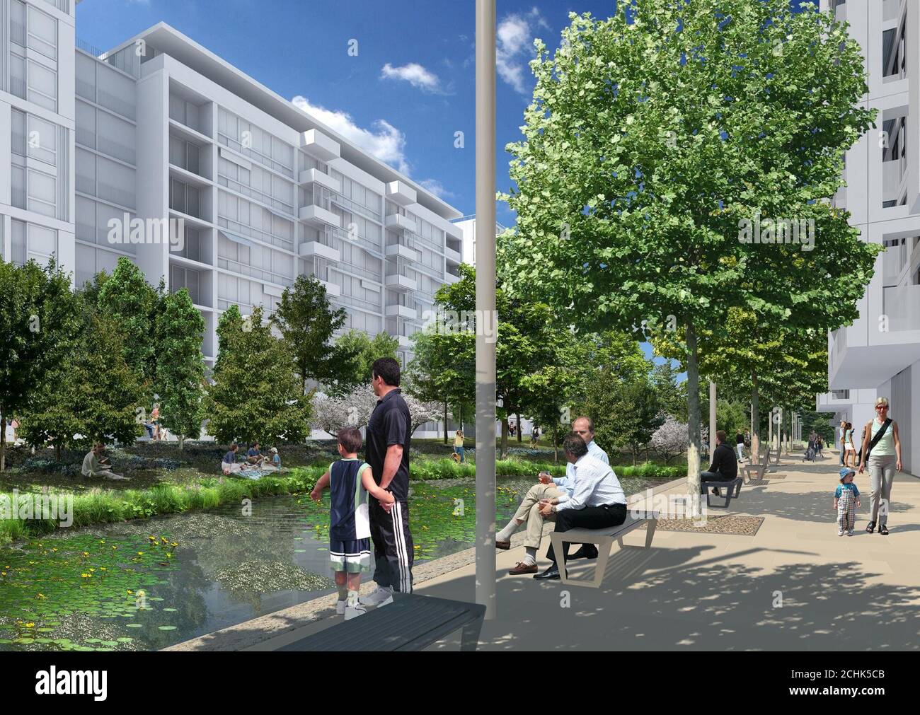 Olympic Delivery Authority immagine generata dal computer che mostra le proposte per le aree paesaggistiche che circondano il Villaggio degli atleti. I piani per migliaia di nuovi alberi, parchi, aree di gioco e spazi aperti per sostenere le nuove case che vengono consegnate nel sito del Villaggio degli atleti sono stati svelati oggi dall'APS. Foto Stock