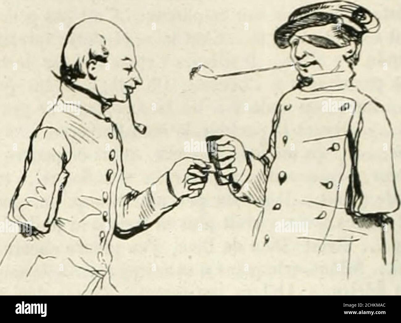 . Les Français peints par eux-mêmes . U attenzione ! un nouveau tableau : en voici quoi-que sans bas qui ne sont jias manchots pour ce quiest de se bourrer la pipe à eux-mêmes. Y a uii bras(|ui tient le briquet; et lautre du voisin ijui lient la picre... « Ah 1 voici la sentinelle qui a une lance à lamain... Non pas! la lance est tenue par uncrochet de fer qui tient lieu de toutes les phalangesde lhumanité.... « Ah! en voici un qui c.^t bien imbarcrassé; il pé-chait à la ligne au bord de leau, et il avait relier sesjambes de bois qui sen vont sur la rivière comme dejolis Foto Stock