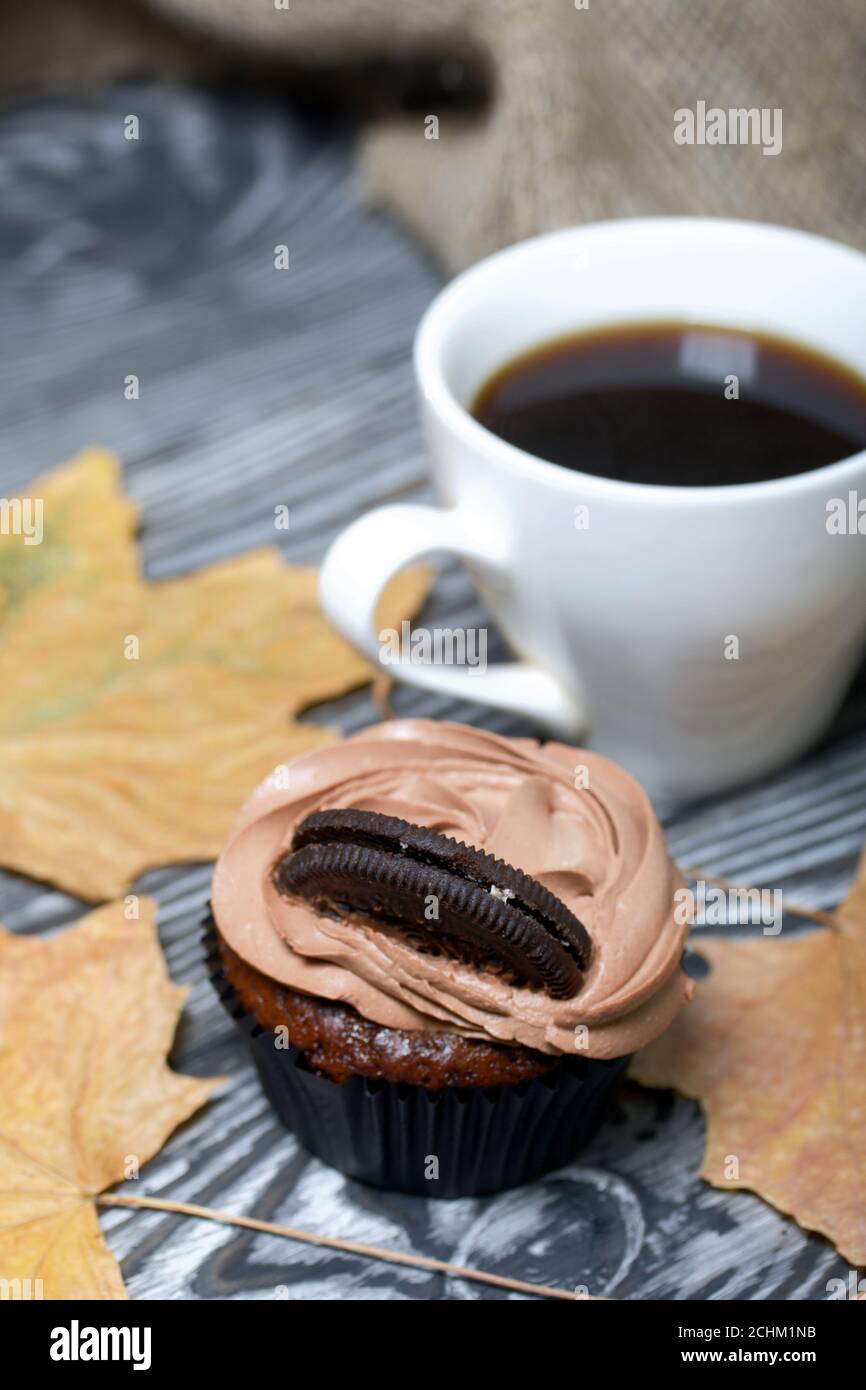 Cupcake al cioccolato con crema di formaggio. Nelle vicinanze si trova una tazza di caffè e foglie di acero essiccate. Su tavole di pino verniciate in bianco e nero. Foto Stock